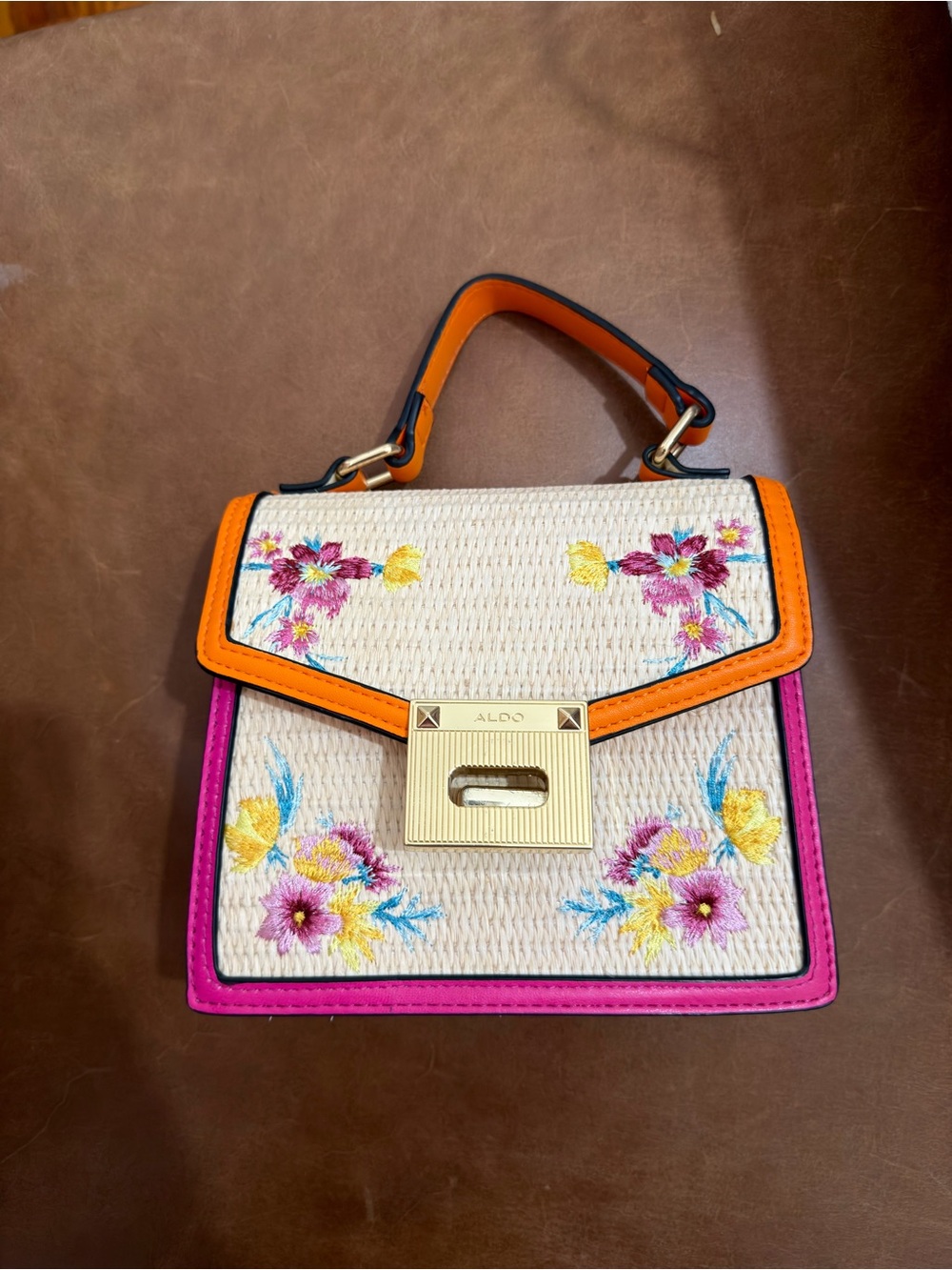 ALDO Cream Floral Embroidered Top-Handle Satchel with Orange Trim and Pink Edge